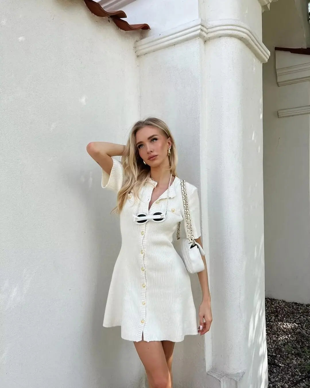 White Knit Mini Dress Short Sleeve Patchwork Pocket Loose Dress Knit Mini Dress