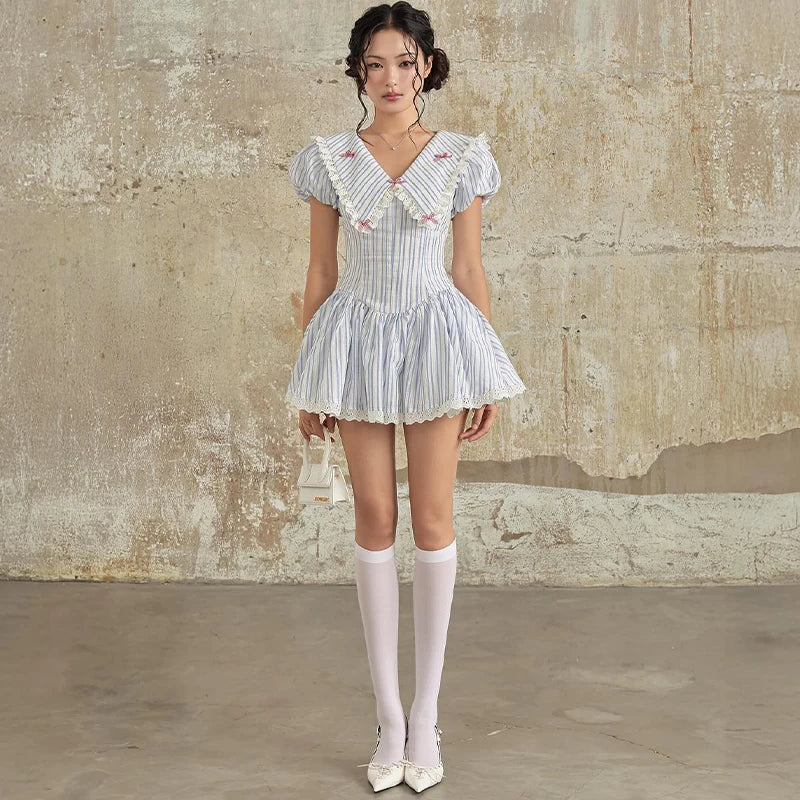 Blue Stripe Puff Sleeve A line Mini Dress