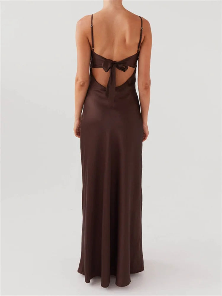 Dress Color Sleeveless Strap V-neck Front Tie-Up Backless Long Dress Slim