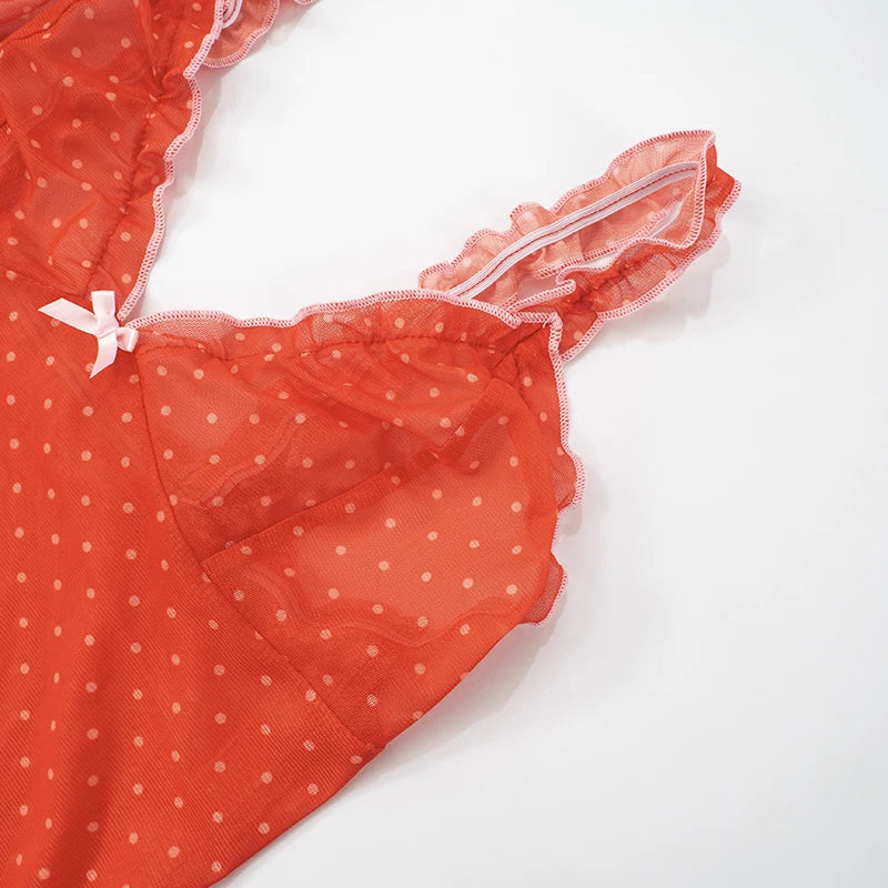 'S Spring And Polka Dot Mesh See-Through Halter Bow V-Neck Rolled Edge Hip Dress