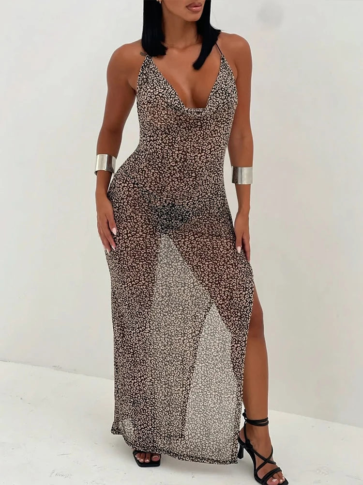 Leopard Dress Halter Swinging Neck Backless Lace Up Split Long