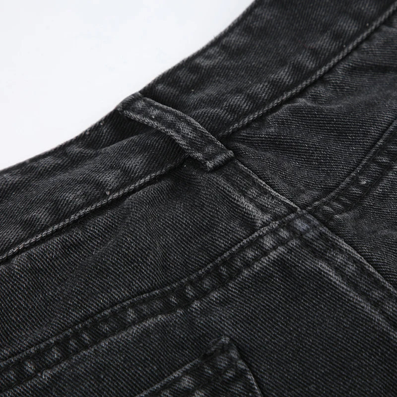Rhinestone Loose Jeans Low Waisted Pockets Zipper Pants Bottoms