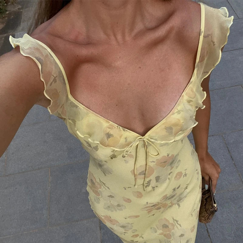 Yellow Floral Backless Ruffle Midi Dress