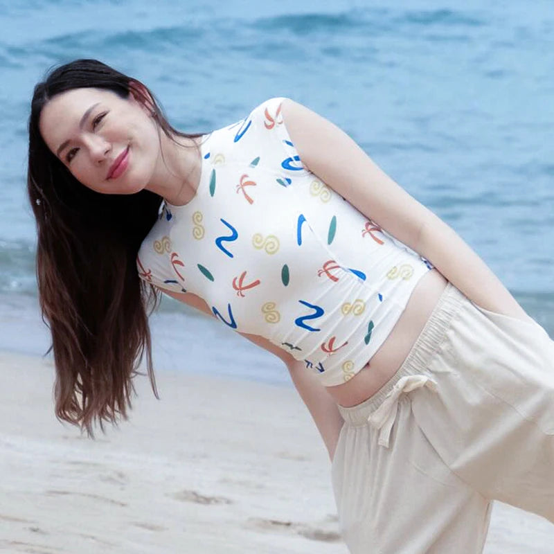Colorful Printed Half High Neck Slim Short Sleeveless Top Fresh heart