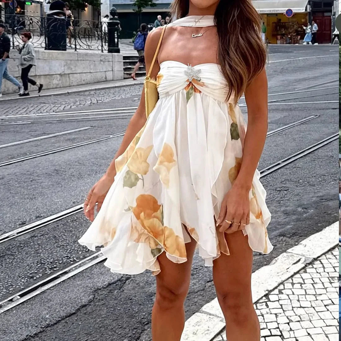 Floral Mesh Backless Strapless Mini Dress