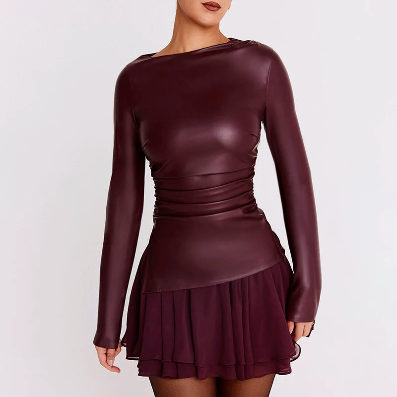 Round Neck Slim Leather Top Pleat Long Sleeve Leather Top