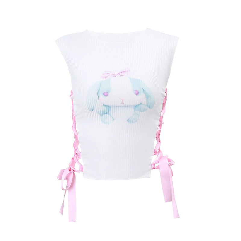 White Bandage Crop Top Sleeveless Print O neck Vest