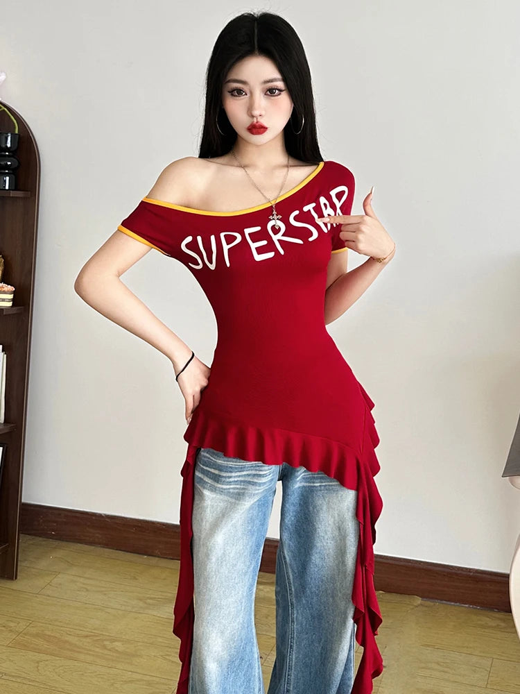 Incline Shoulder Letter T-hirt Ruffle Splice Tael Tee Top