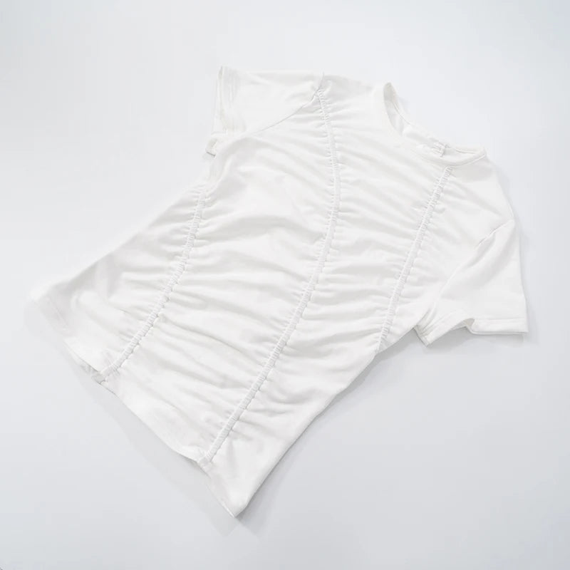 Spring And Round Neck Color Wrinkles Tight T-Shirt Top Versatile