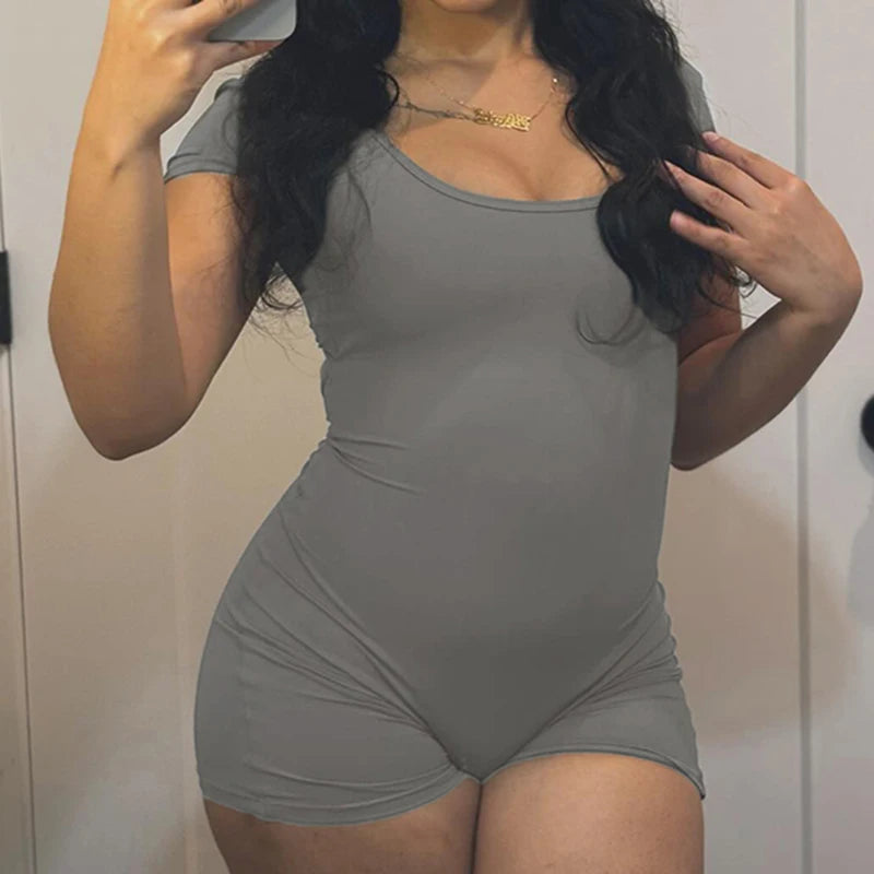 Backless Hollow Out Slim Rompers Short Sleeves Jumpsuits Sports Crewneck Bodycon