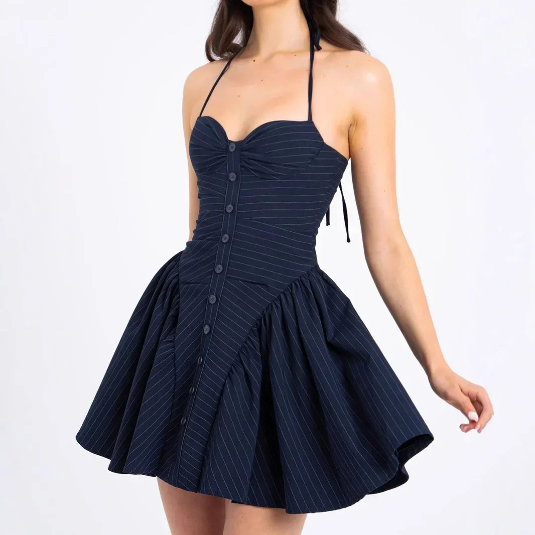 Pure Desire Striped Hanging Neck, Waist, and Bareback Dress for Niche High End Dress