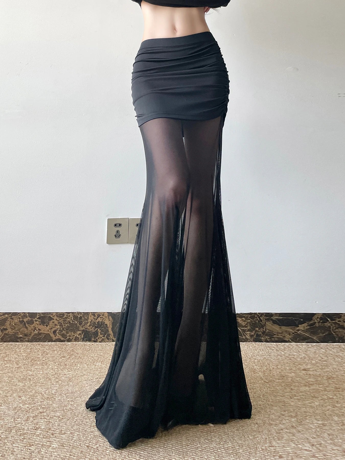 Mesh Skirts Low Waisted Long Black Knitted 's Bottom