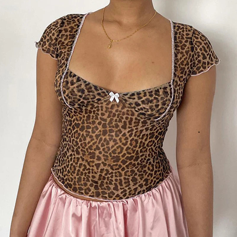 Transparent Mesh Tshirts Short Sleeves Slim Cropped Slim Leopard Tees