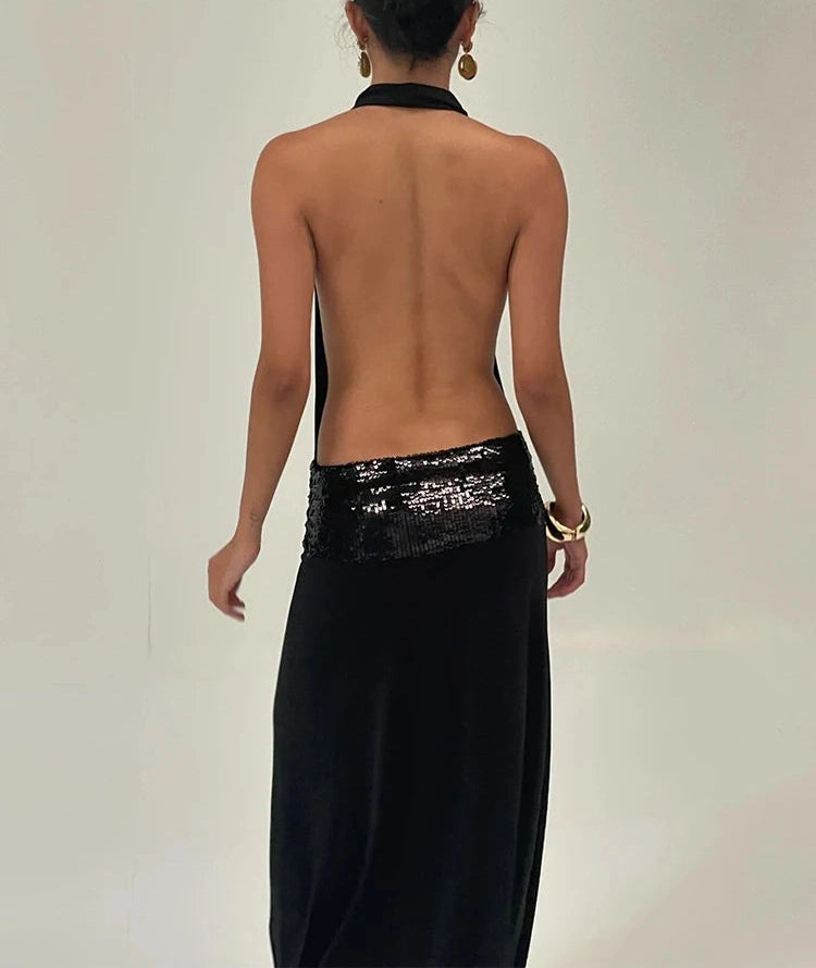 Waist Sequins Dress Backless Halter Sleeveless Pile Collar Slim