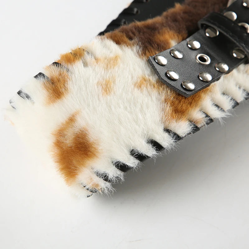 Cow Stripe Furry PU Belts Fairycore Grunge Leather Sashes Adjustable Accessories