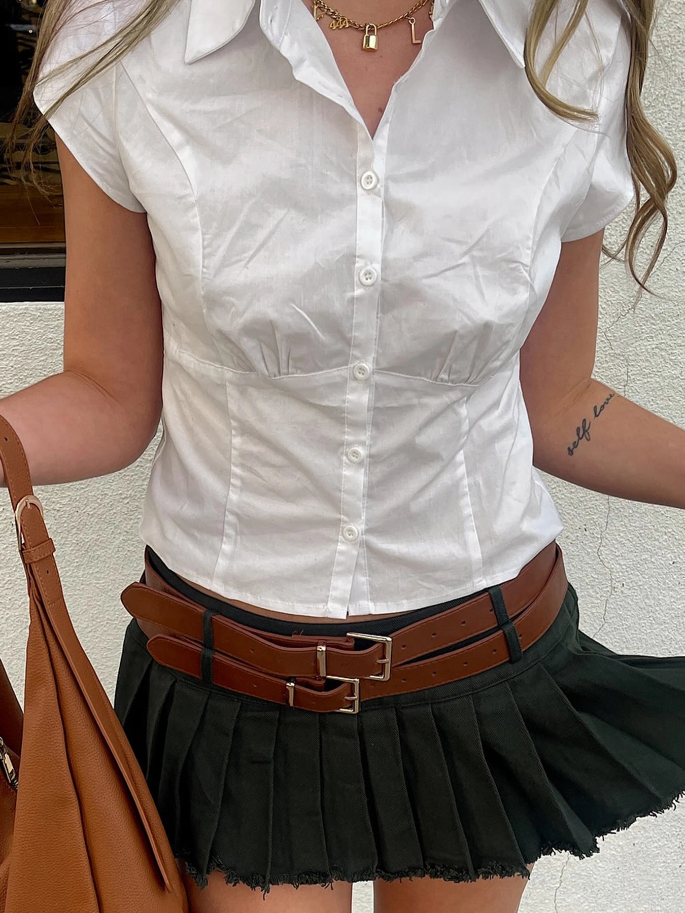White Crop Blouses Turn-down Neck Shirts Button Up