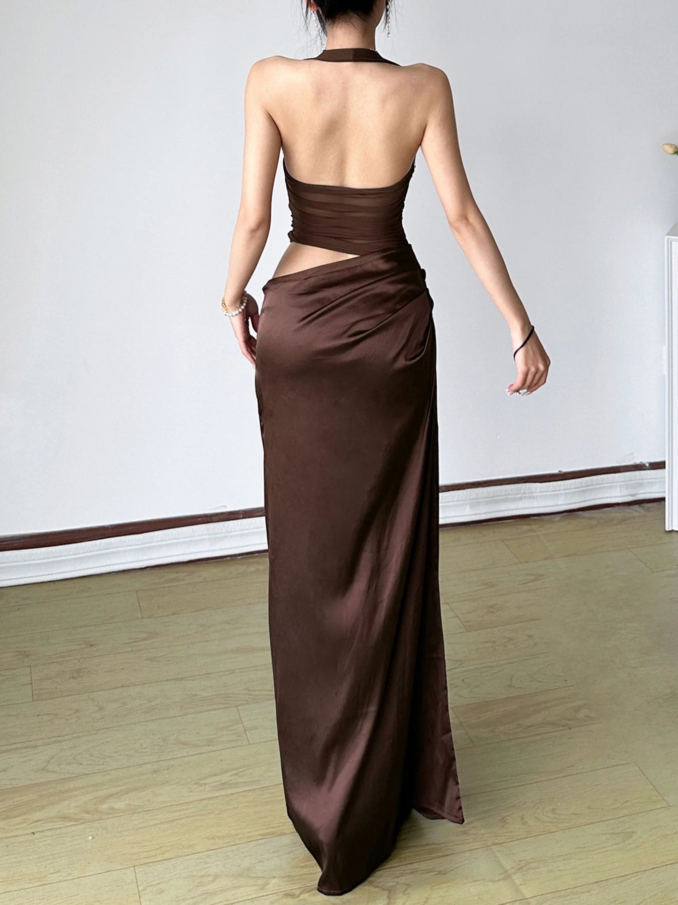 Patchwork Mesh Satin Dress See Through Slim Slash Neck Sleeveless Maxi
