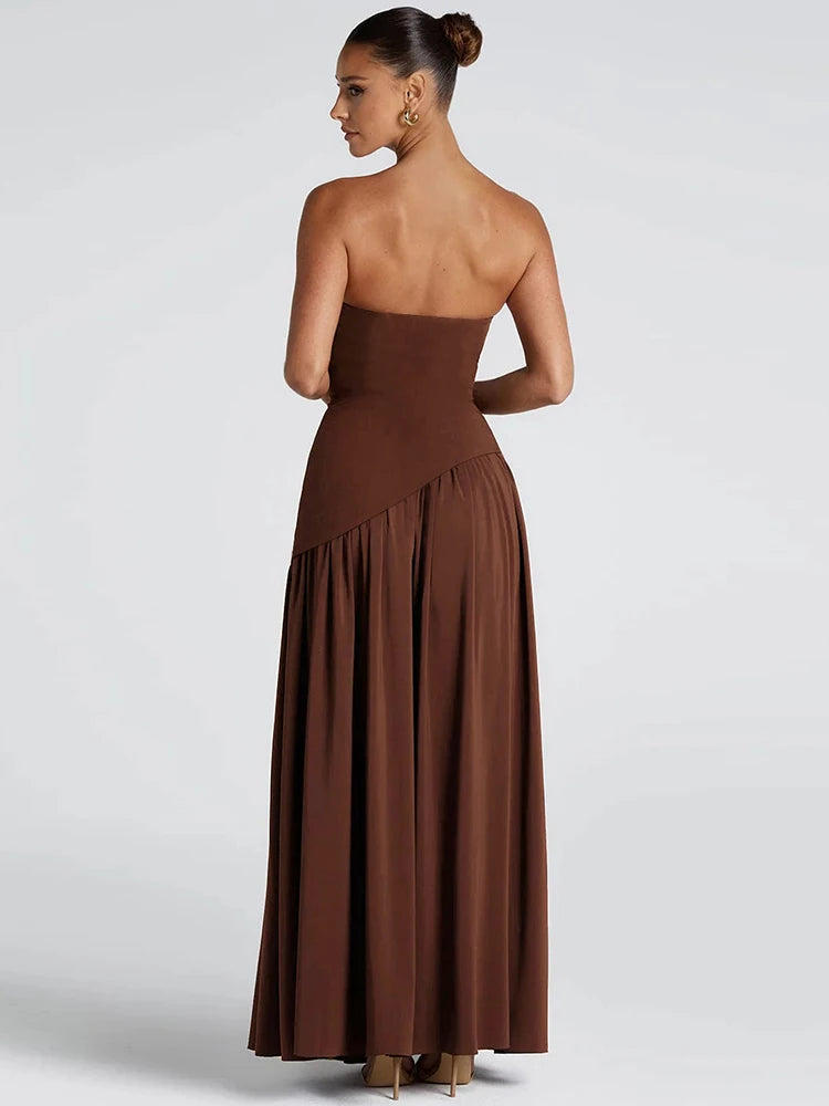 Backless Patchwork Dress Draped Side Slit Ribbon Strapless Sleeveless