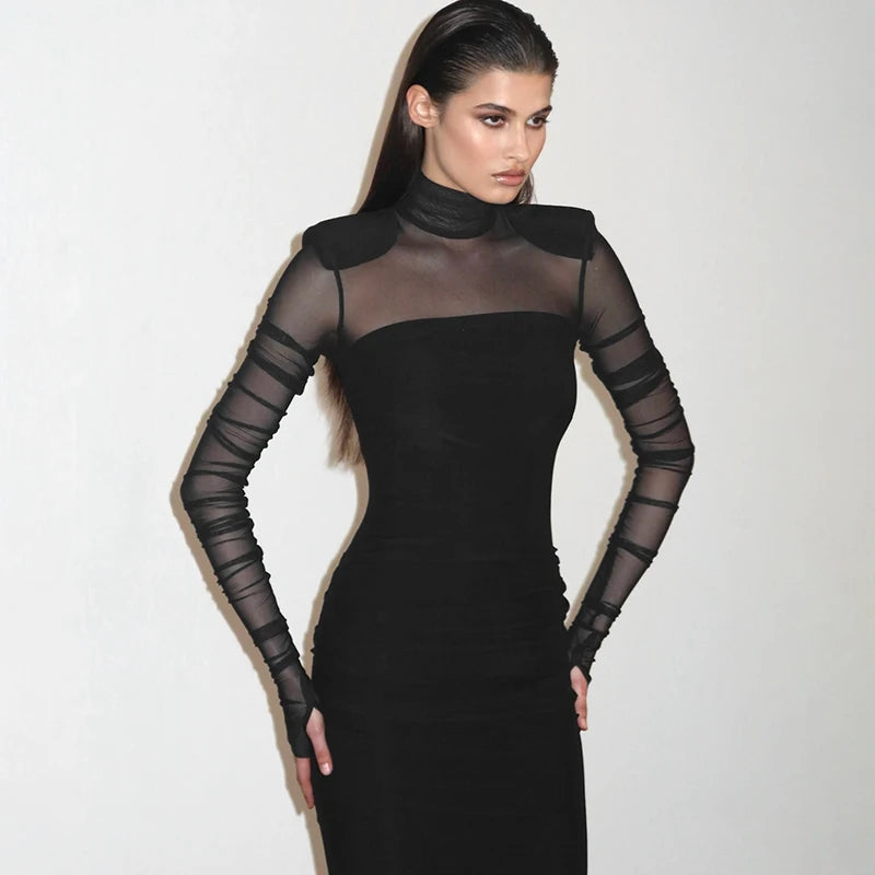 Meh See Through Sheath Dress Long Sleeve Collar Bodycon