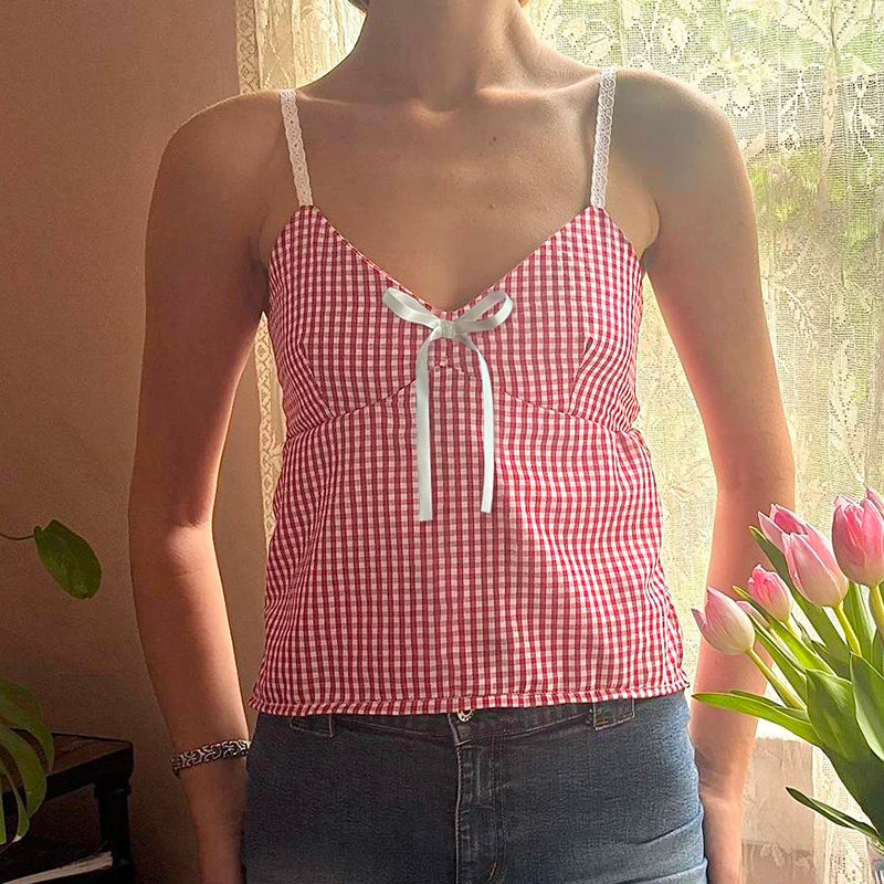 Plaid Print V-neck Camisole Bow Top Sleeveless