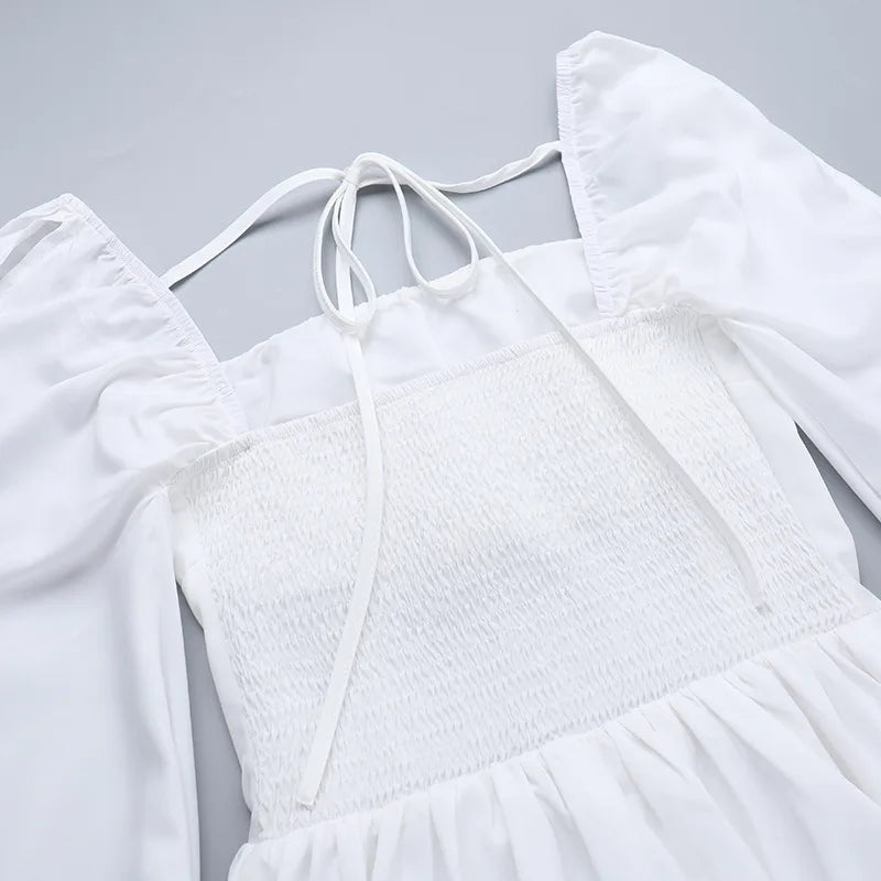Square Collar Hollow Out Dress White Long Sleeve Mini Dress Slim Dress