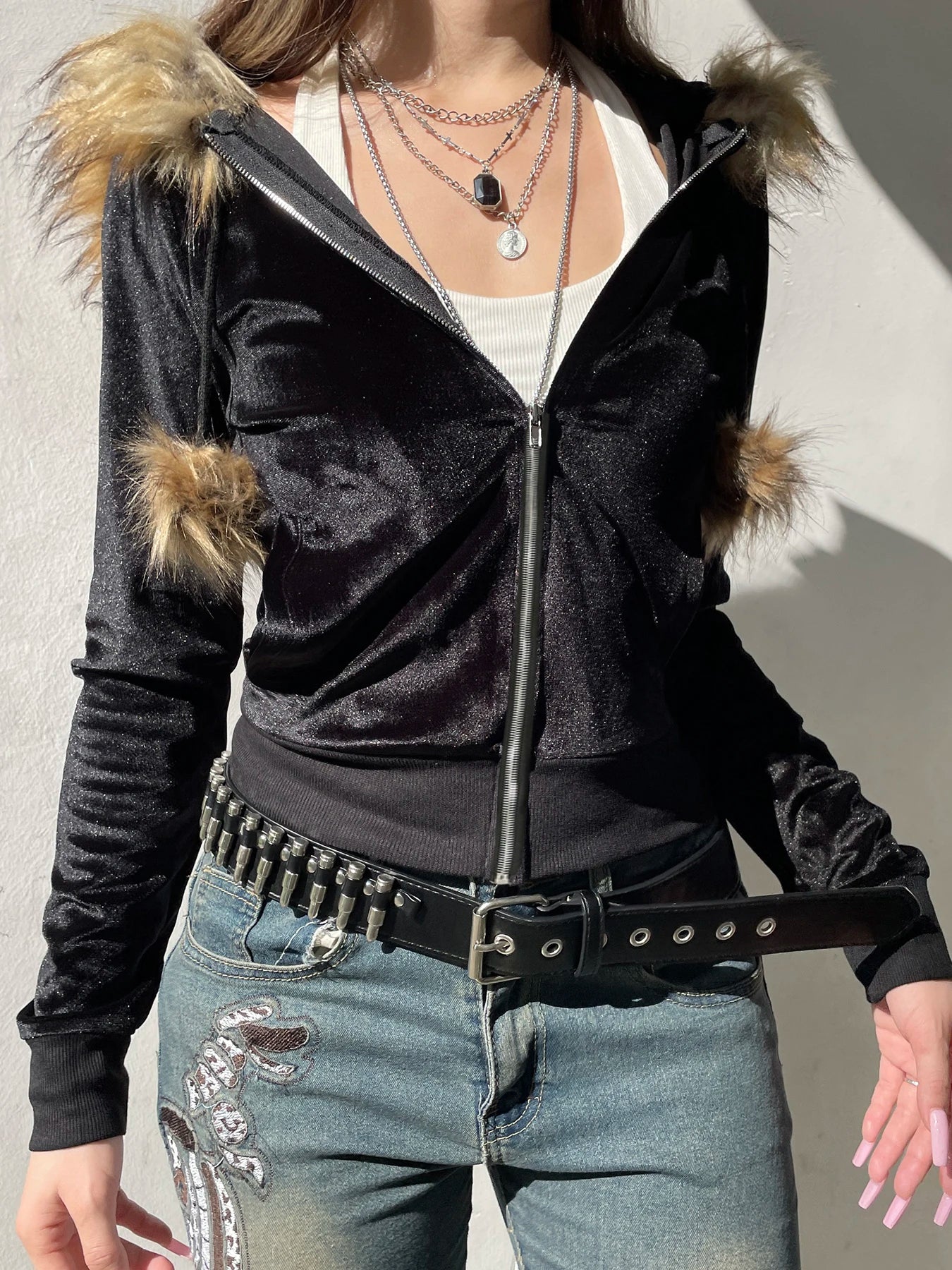 Zip Up Fur Neck Hoodie Coats 's Jackets Front Pockets
