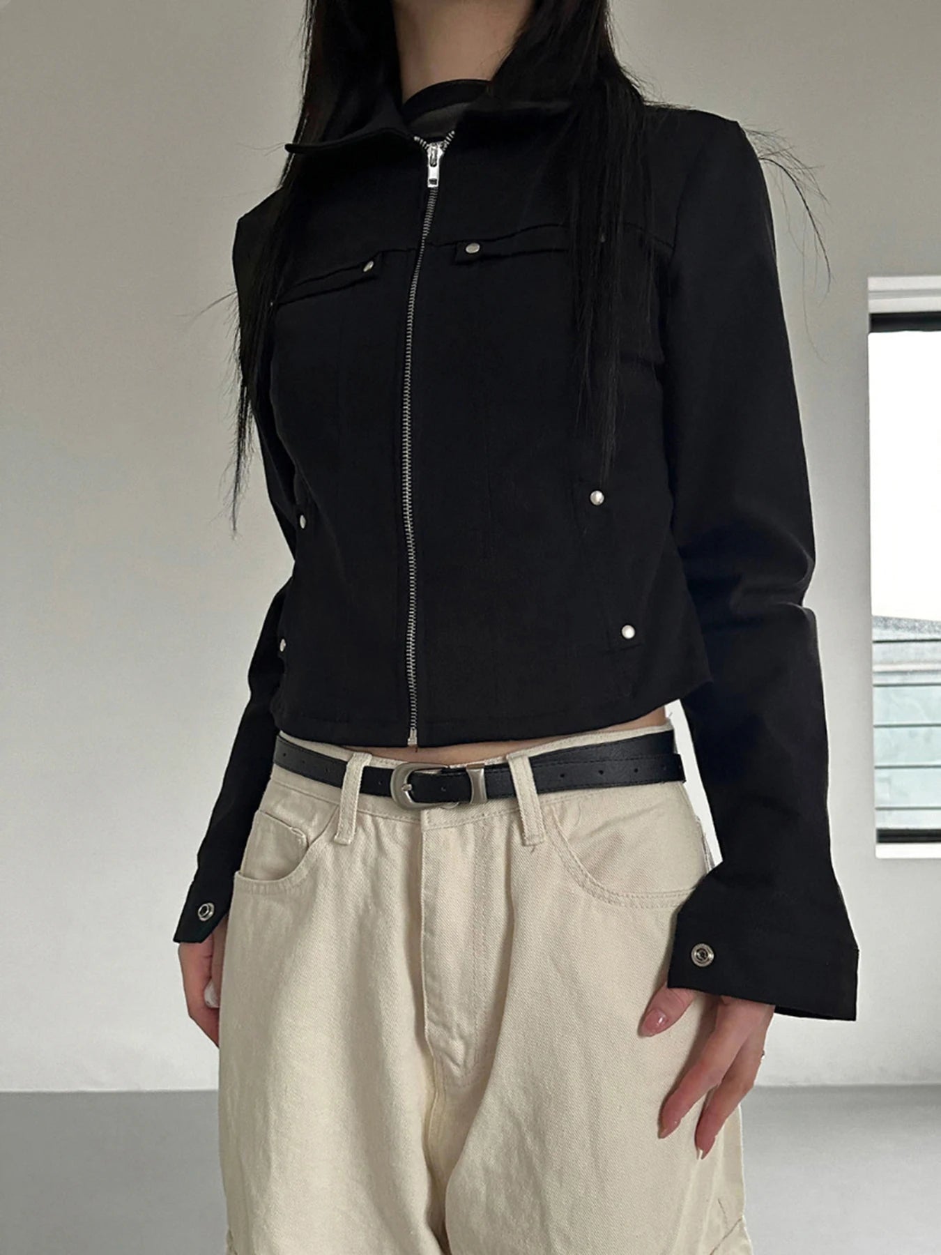 's Rivet Jacket Black Zip-Up with Pockets Long Sleeve Coats Cropped Design