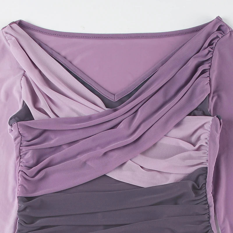 Patchwork Asymmetry Slim Tee Shirts Long Sleeves V-neck 's