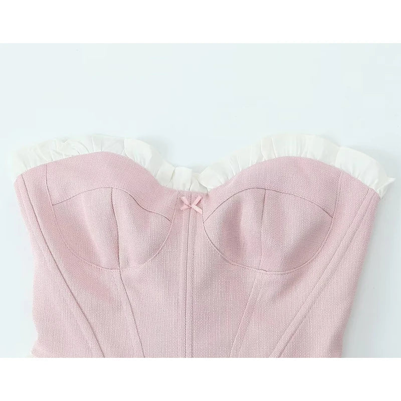 Sweet Patchwork Fish Bone Slim Fit Strapless Top Crop Top