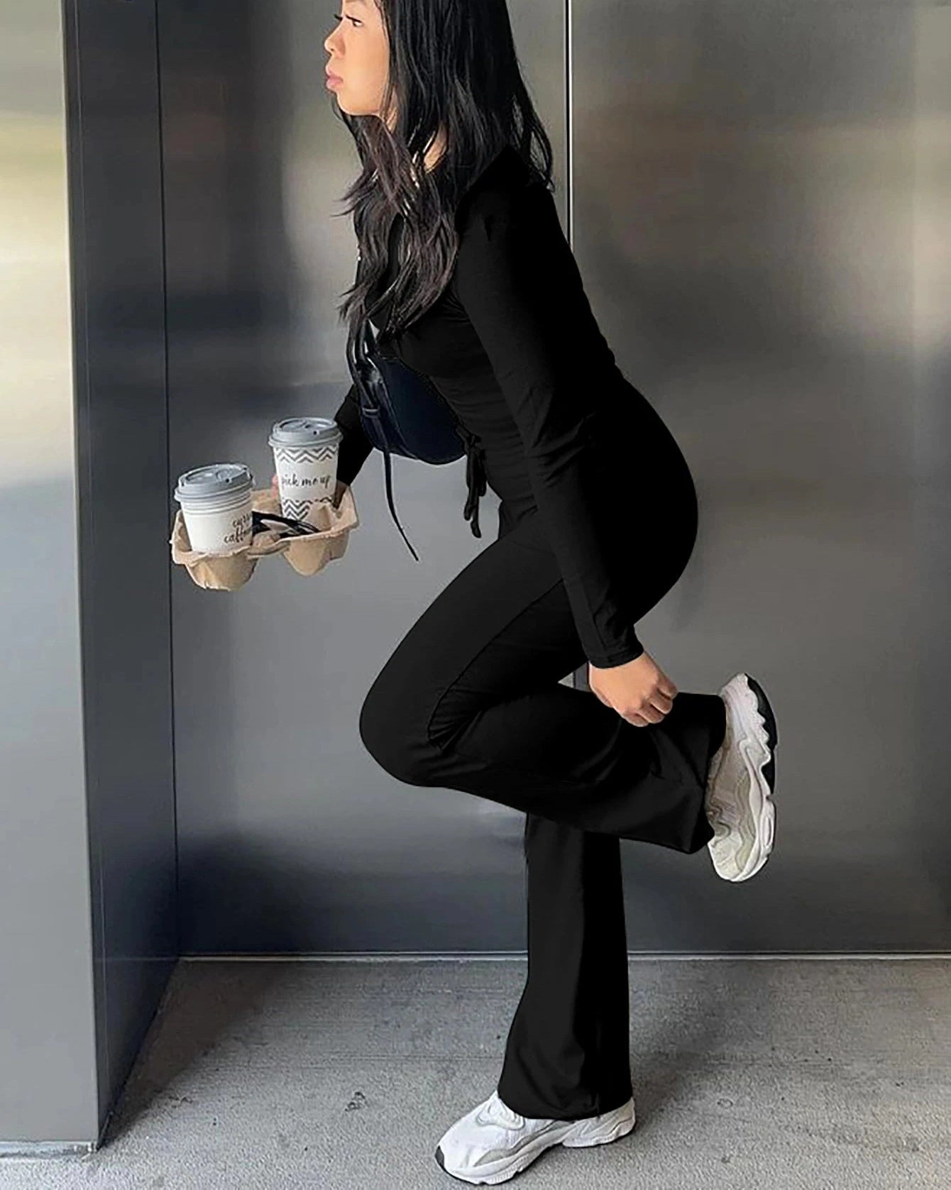 Long Sleeves Bodycon Crop Top And Drawstring Flare Pants Matching Set