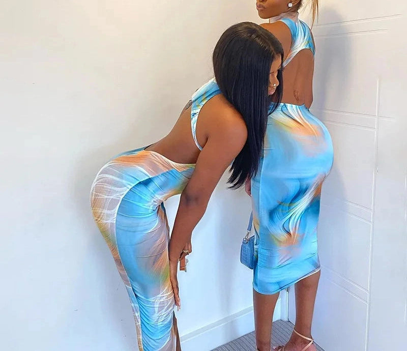 Tie Dye O Neck Sleeveless Backless Bodycon Slit Midi Dress Street