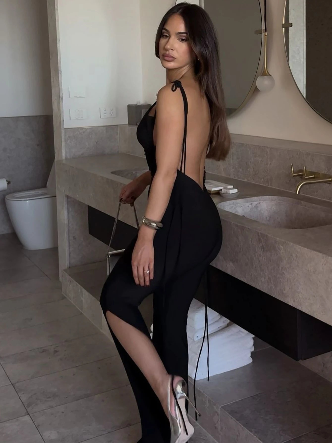 Backless Halter Lace Up Irregular Split Long Pants Jumpsuit
