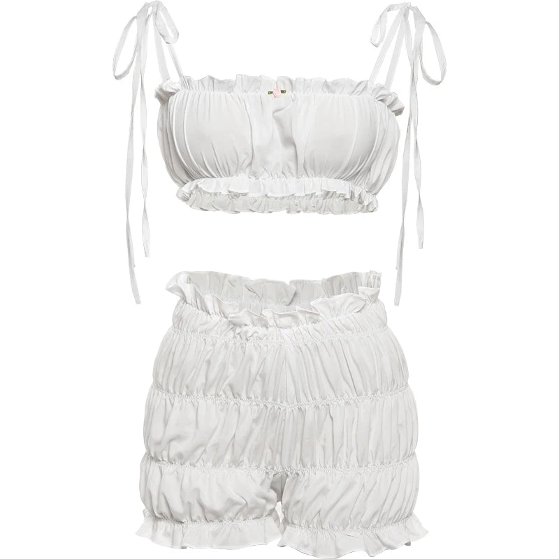 Two Piece Set Thin Ruched Ruffles Camisole Shorts Matching
