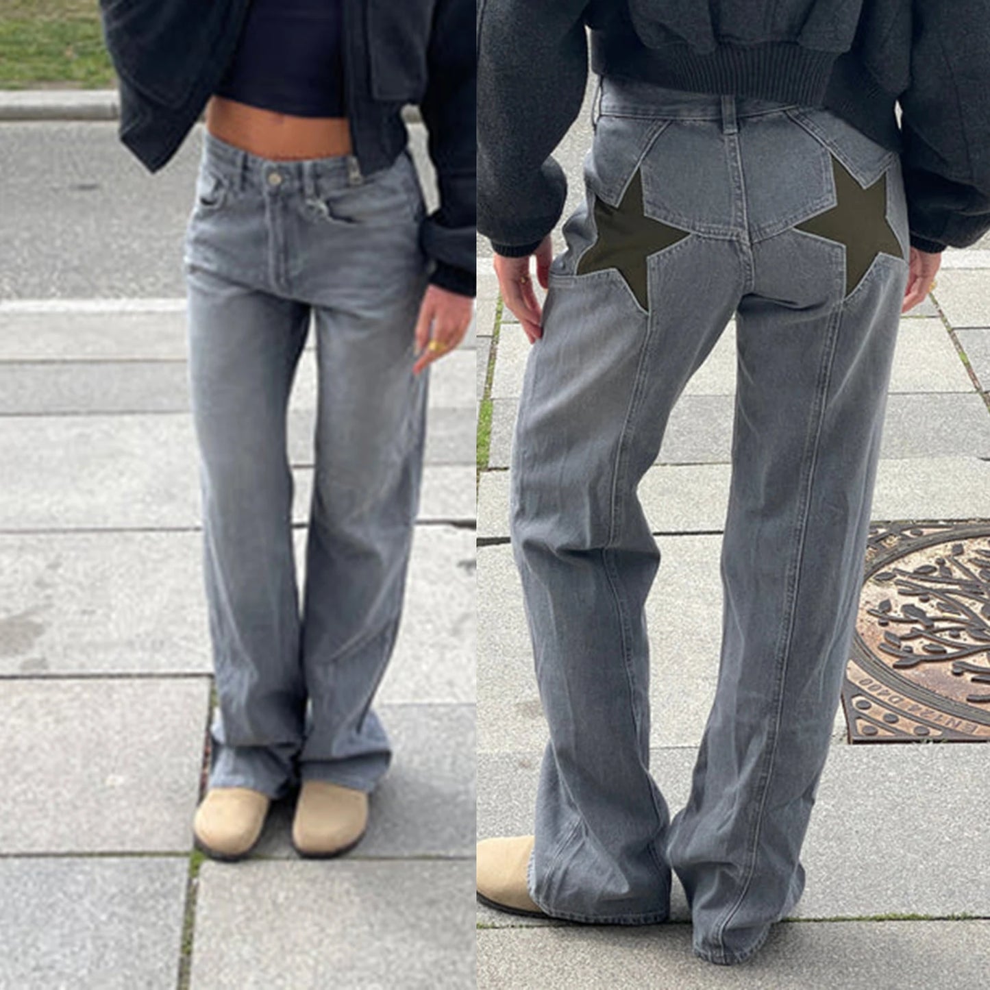 Star Pattern Loose Straight Leg Denim Low Waist Jeans
