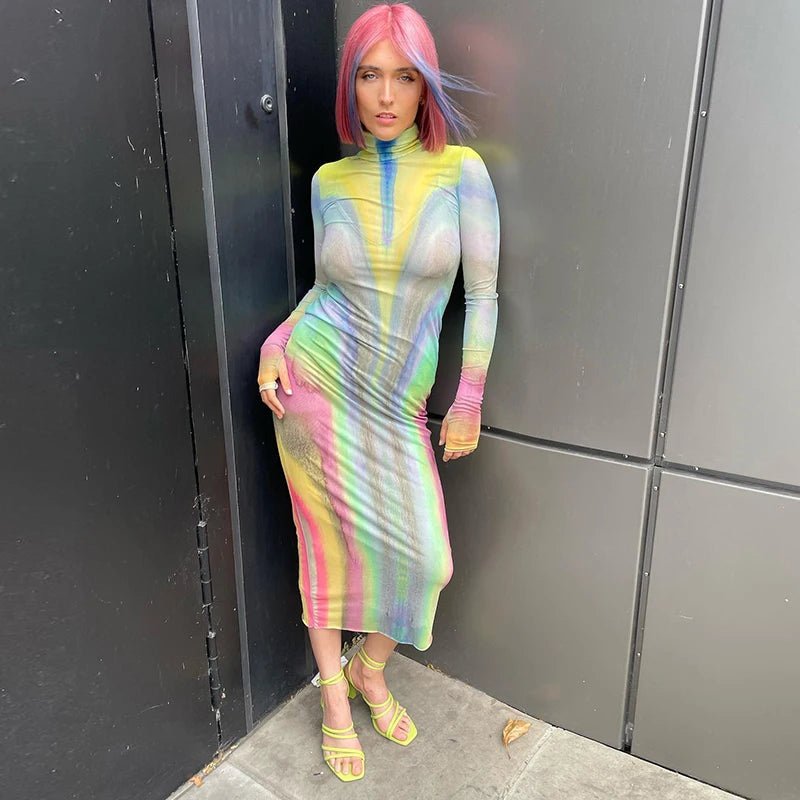 Multi- Long Sleeve Tight Slim Dress Meh See Through Collar Rainbow Dress