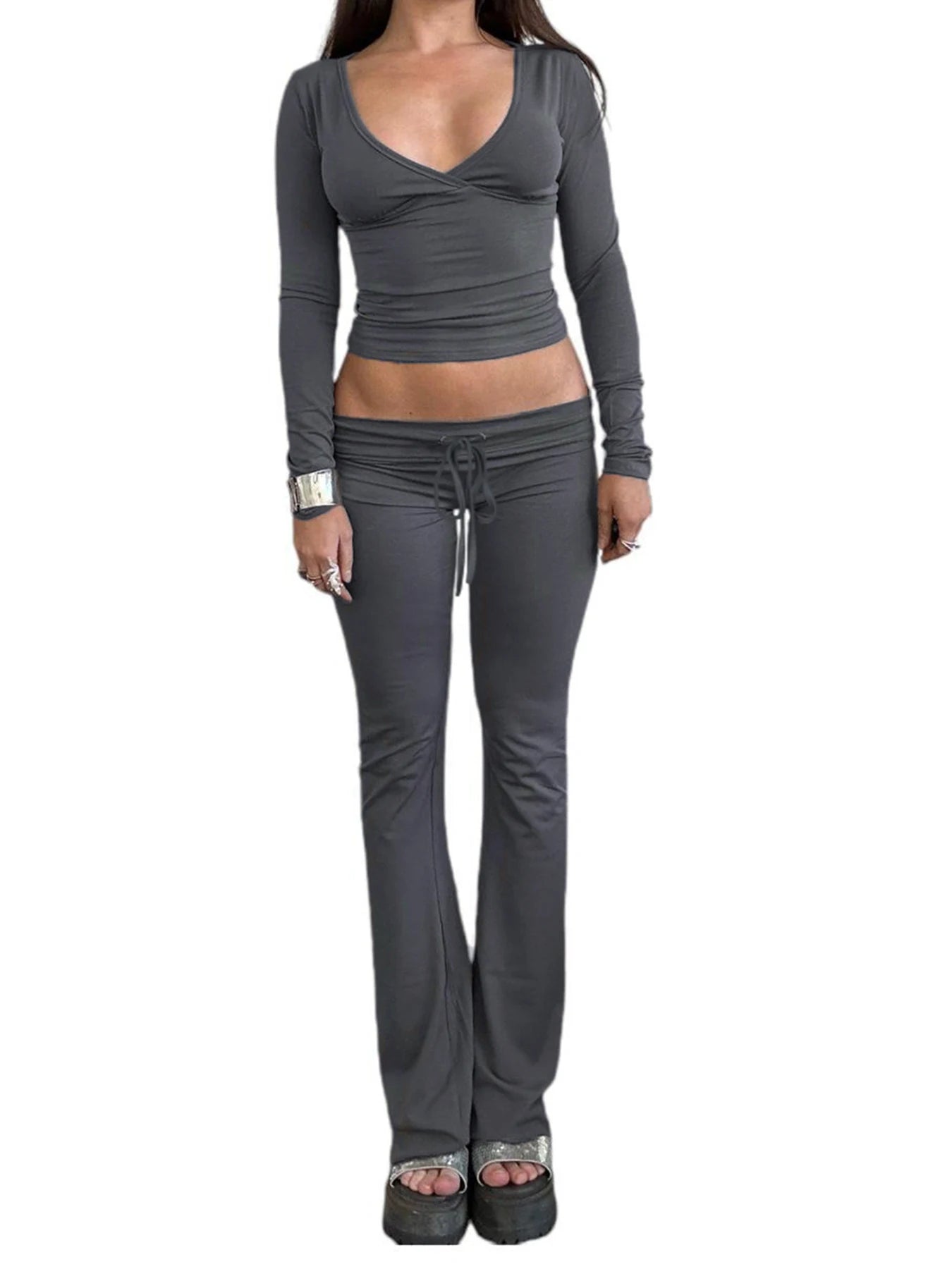 V-neck Top Full Length Pants Drawstring Suits Simple Slim Long Sleeves Low Waist