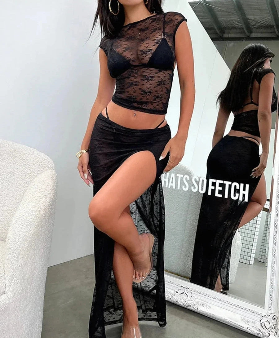 TwoPiece Lace See-through Cover Ups Set Sheer Cap Sleeve Backless Crop Top Low Waist High Slit Long Skirt