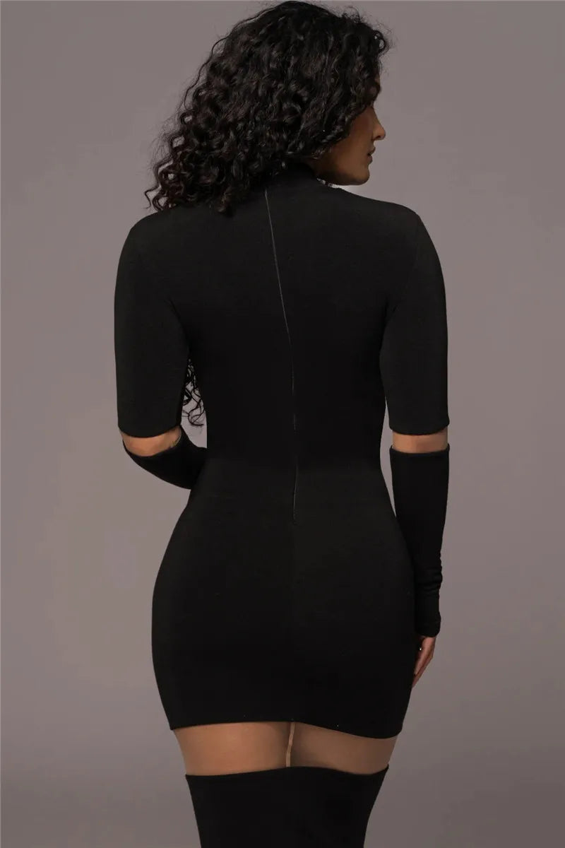 Patchwork Bodycon Midi Dress Turtleneck Long Sleeve Dress