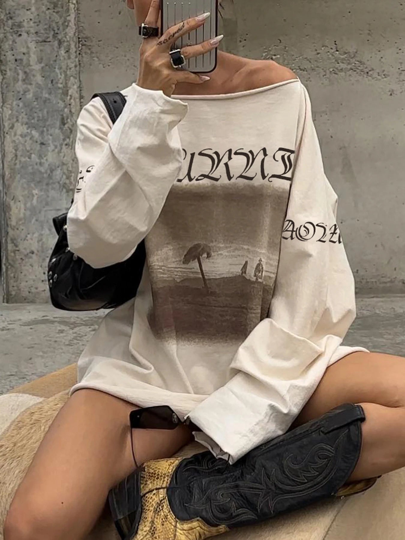 Graphic Print Oversized Sweatshirts Crewneck Loose