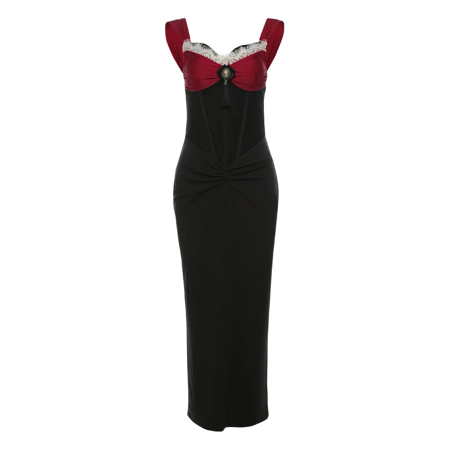 Badge Appliques Dress Patchwork Ruffles Sleeveless Backless Contrast Lace Bodycon