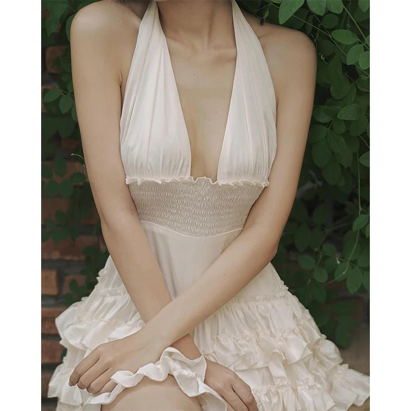 V-neck Dress Charming Backless Handling Neck Dress Swimming Pool Mini Dress