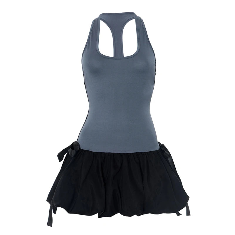 'S Color Collision Patchwork Sleeveless Vest Bow Decorated Bud Mini Dress Girl