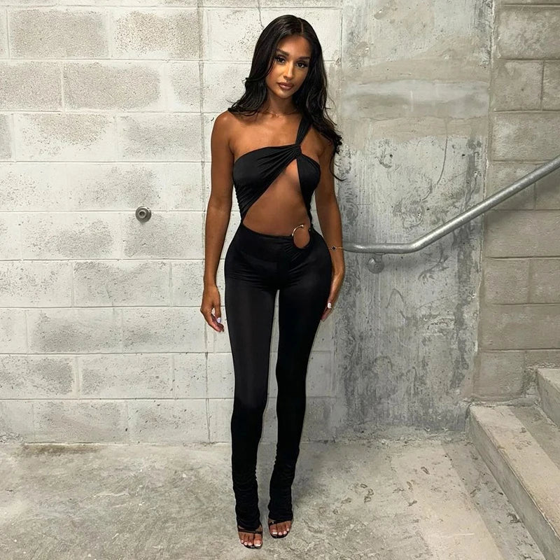 Black Hollow Out One Shoulder Jumpsuit