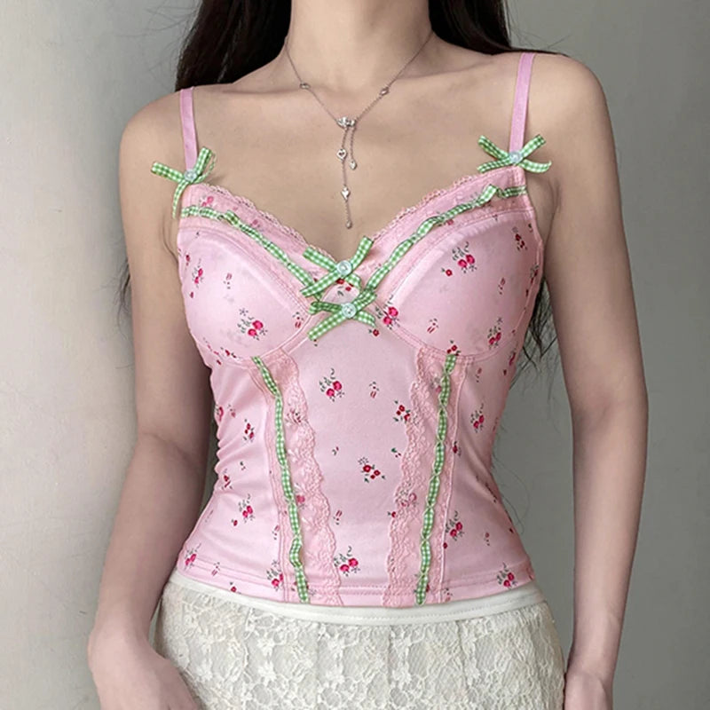 Pink Floral Lace Bow Top