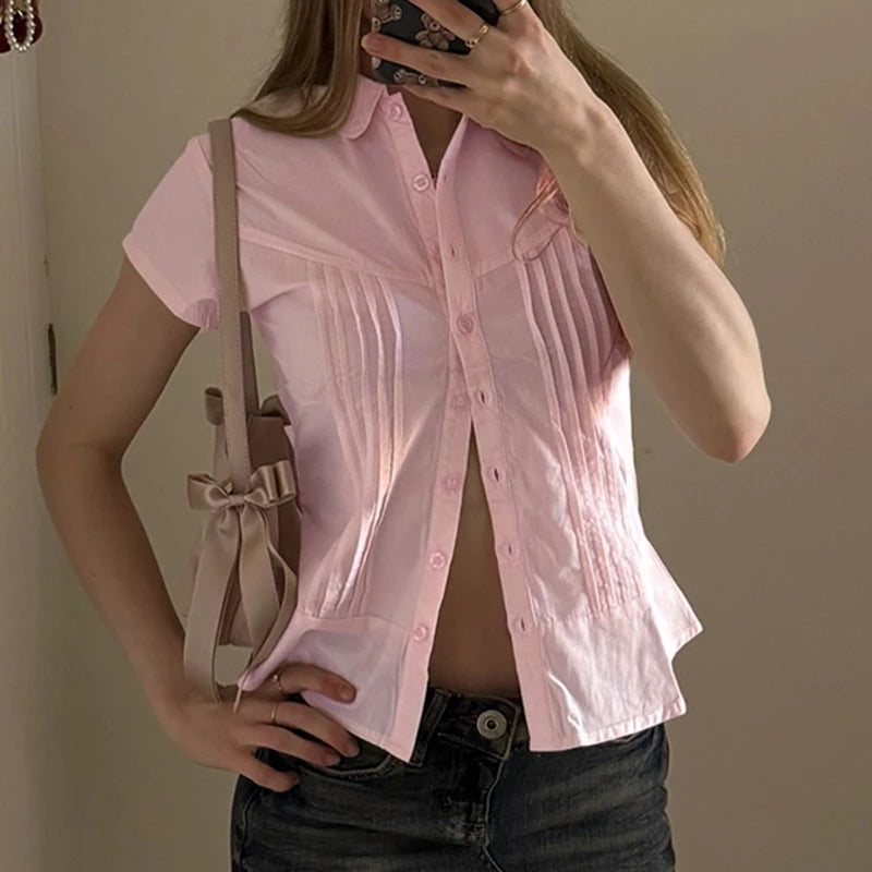 Turn-Down Collar Button-Up Corset Blouse 's Tee Shirt Short Sleeve Top