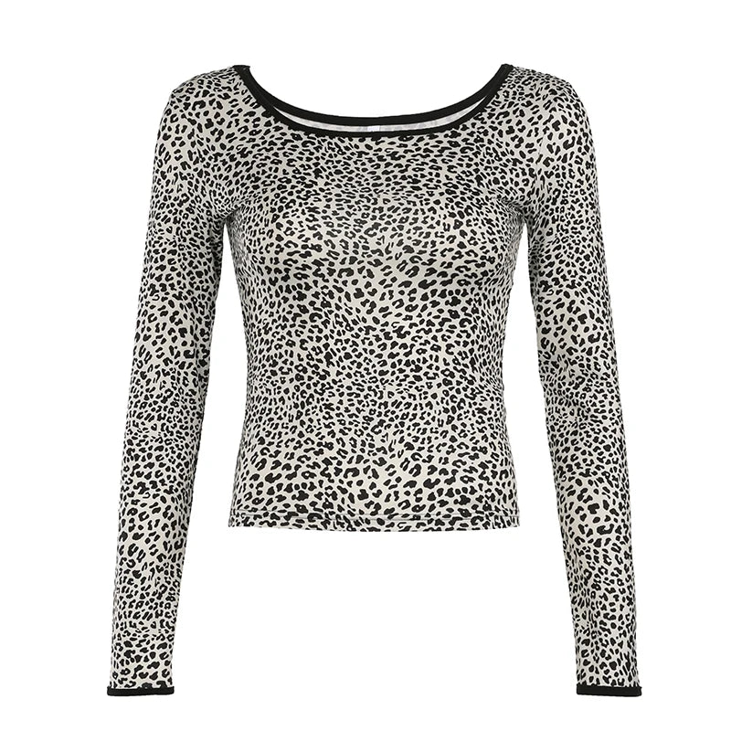 Leopard Tee Shirt Long Sleeve Crewneck