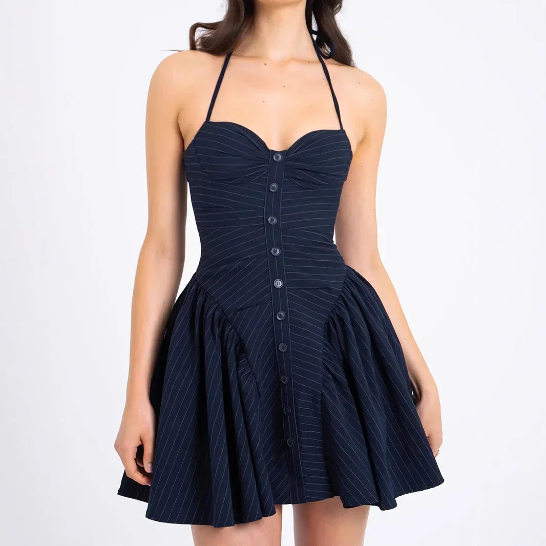 Pure Desire Striped Hanging Neck, Waist, and Bareback Dress for Niche High End Dress