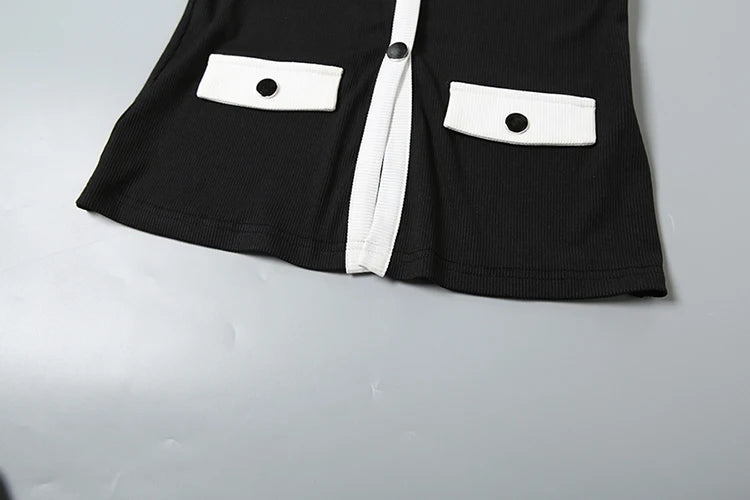 Fad Ribbed Patchwork Two Piece Set Single-Breasted Sleeveless Top Stretch Shorts Daily