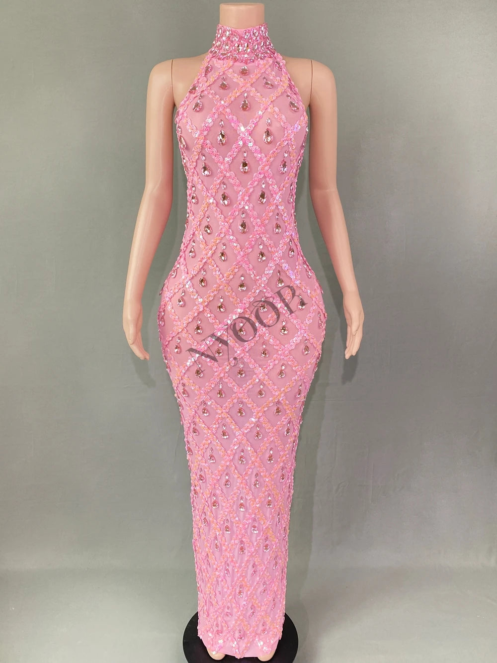 Sparkly Sequins Crystals Long Dress Prom Birthday Dress Transparent Performance Costume Show Stage Wear