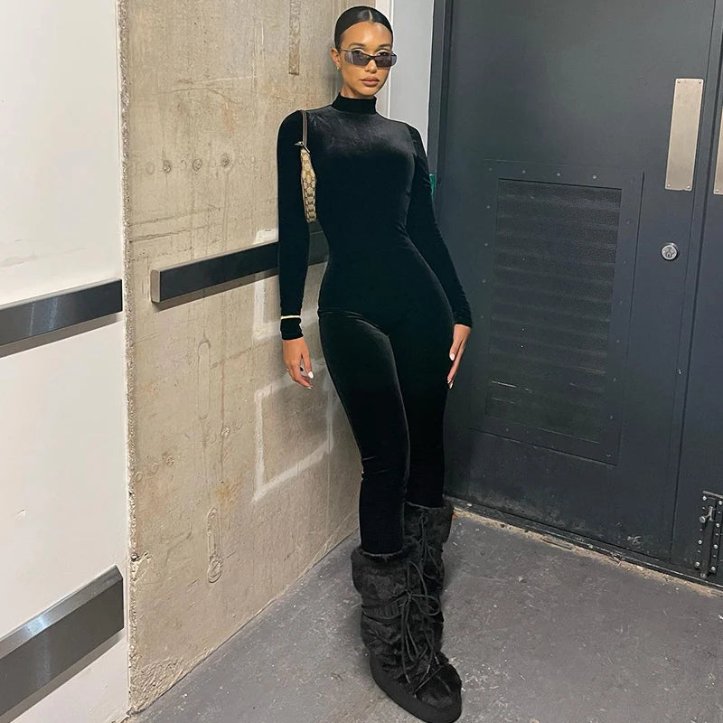 Velvet Long Sleeve O-Neck Bodycon Zipper Jumpsuit